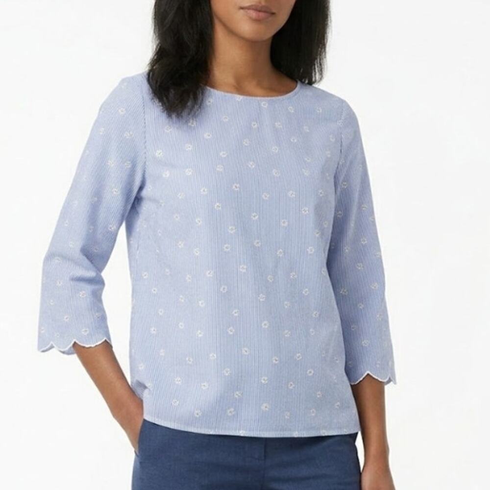 LIZ CLAIBORNE Linen Blend Top Scalloped 3/4 Sleeve Striped Blue White Womens S